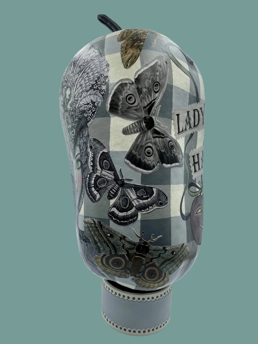 LADY MOTH'S HALLOWEEN Hand-painted Dried Gourd with Decoupaged Assorted Moths, Vampire Vampiress