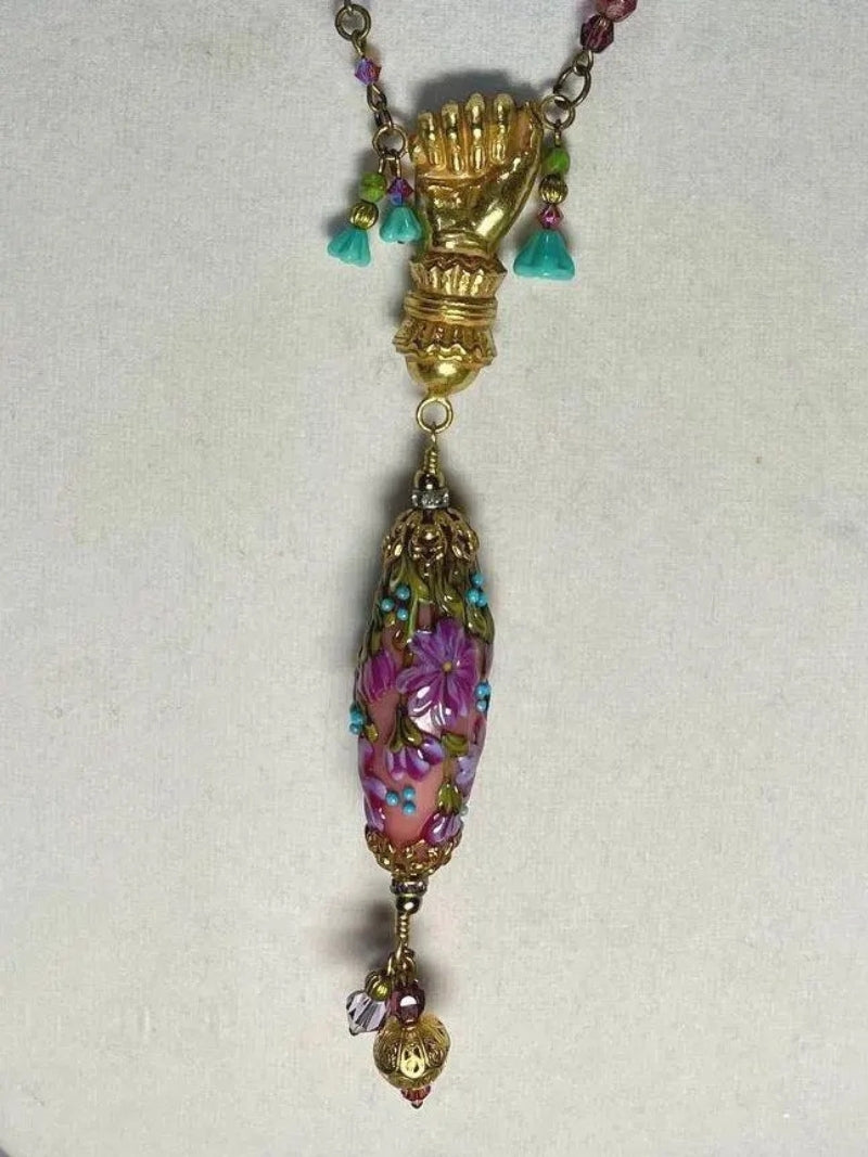 OOAK Artisan Necklace Vintage Miriam Haskell Elements, Faceted Glass Beads with Glass Lampwork Drop