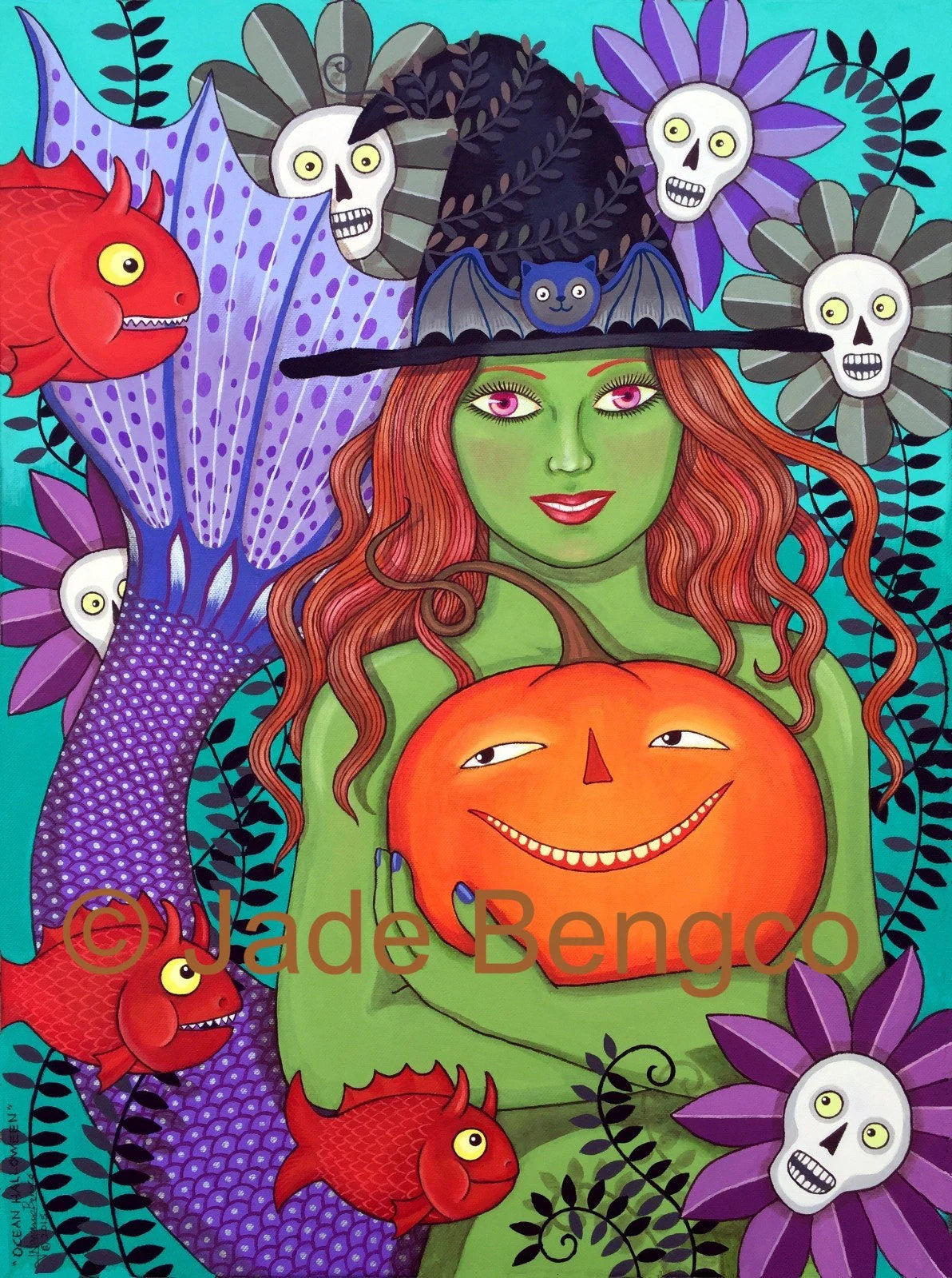 OCEAN HALLOWEEN Mermaid Jack-O-Lantern Devil Fish Skull Flowers