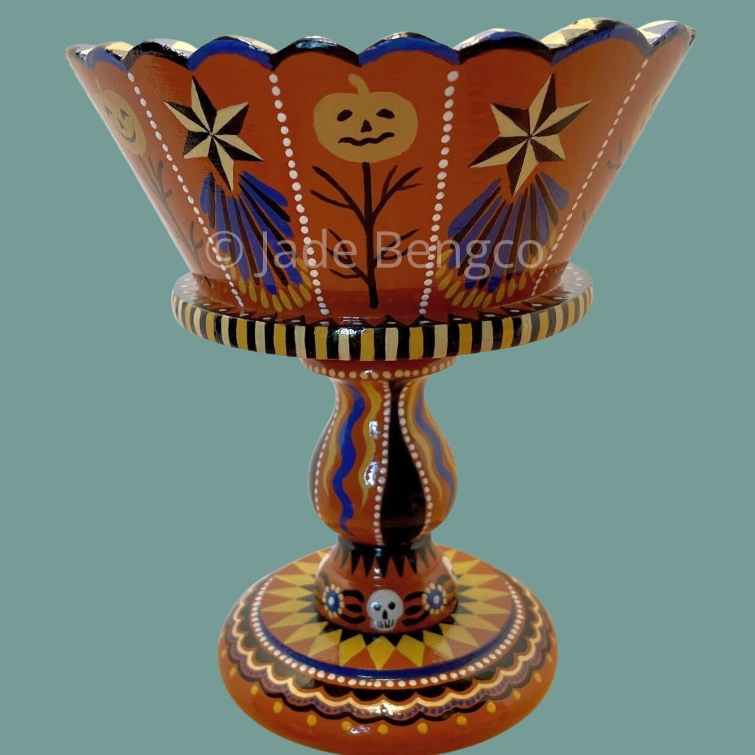 HALLOWEEN FUN Painted Vintage Wood Footed Candy Dish OOAK