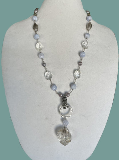 Artisan Assemblage HERKIMER QUARTZ CRYSTAL Necklace with Blue Lace Agate Pewter Elements