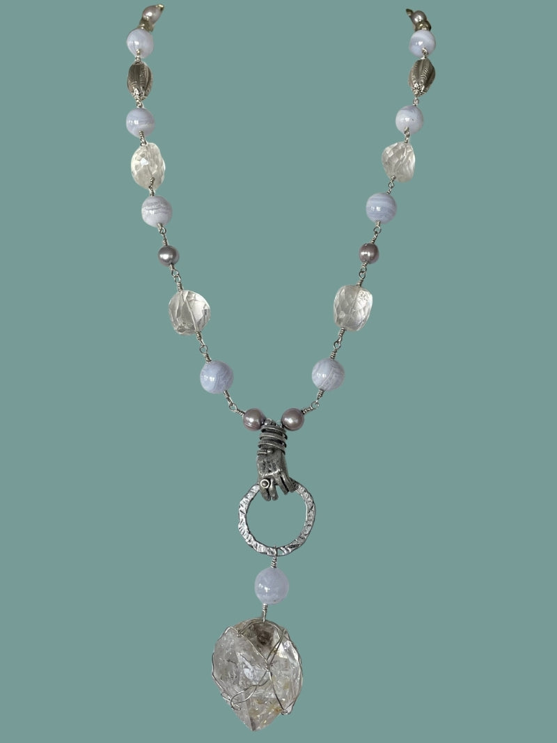 Artisan Assemblage HERKIMER QUARTZ CRYSTAL Necklace with Blue Lace Agate Pewter Elements