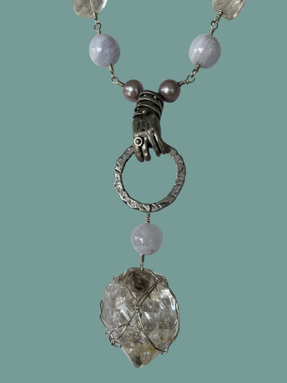 Artisan Assemblage HERKIMER QUARTZ CRYSTAL Necklace with Blue Lace Agate Pewter Elements