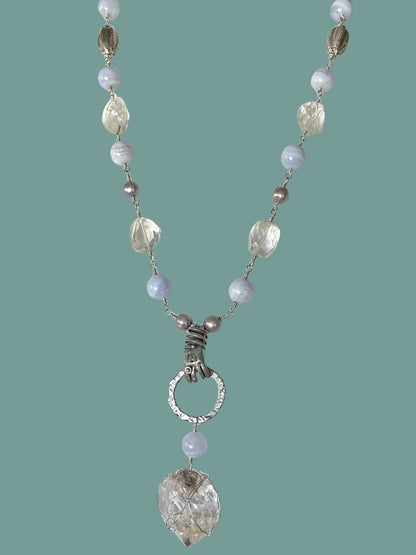 Artisan Assemblage HERKIMER QUARTZ CRYSTAL Necklace with Blue Lace Agate Pewter Elements