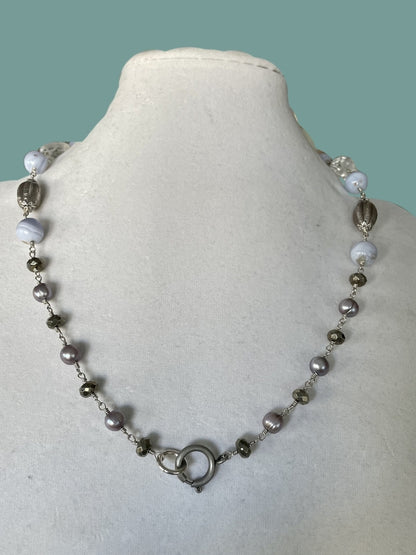 Artisan Assemblage HERKIMER QUARTZ CRYSTAL Necklace with Blue Lace Agate Pewter Elements