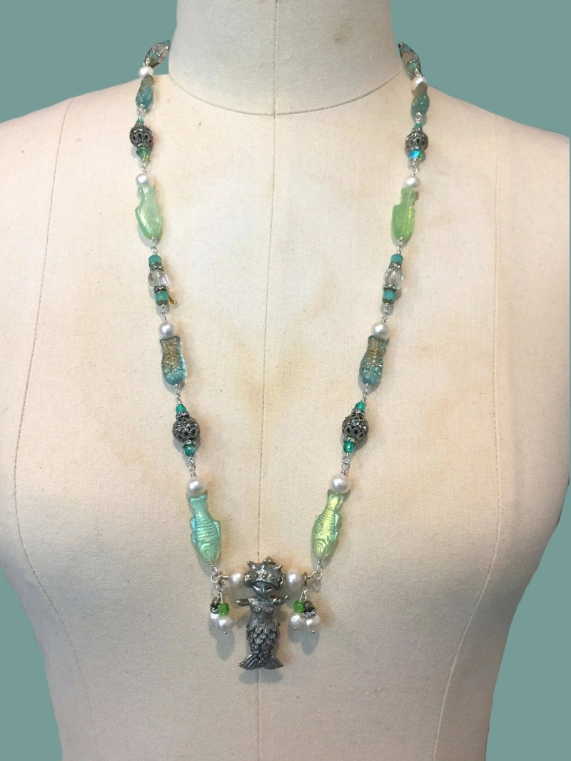 SEA MAID'S TREASURE One-Of-A-Kind Artist Assemblage Necklace Jewelry, Freshwater Pearls, Pewter Mermaid Pendant