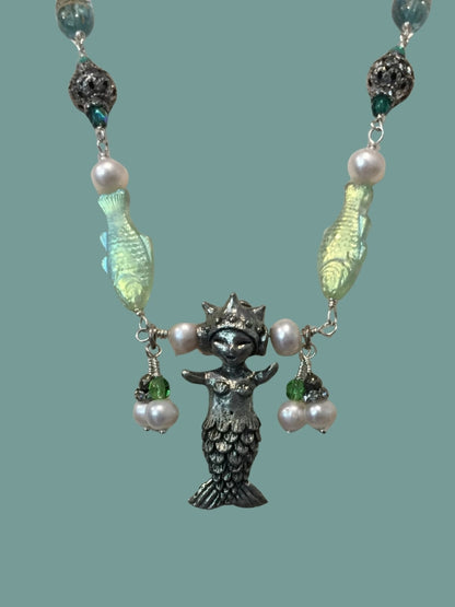 SEA MAID'S TREASURE One-Of-A-Kind Artist Assemblage Necklace Jewelry, Freshwater Pearls, Pewter Mermaid Pendant