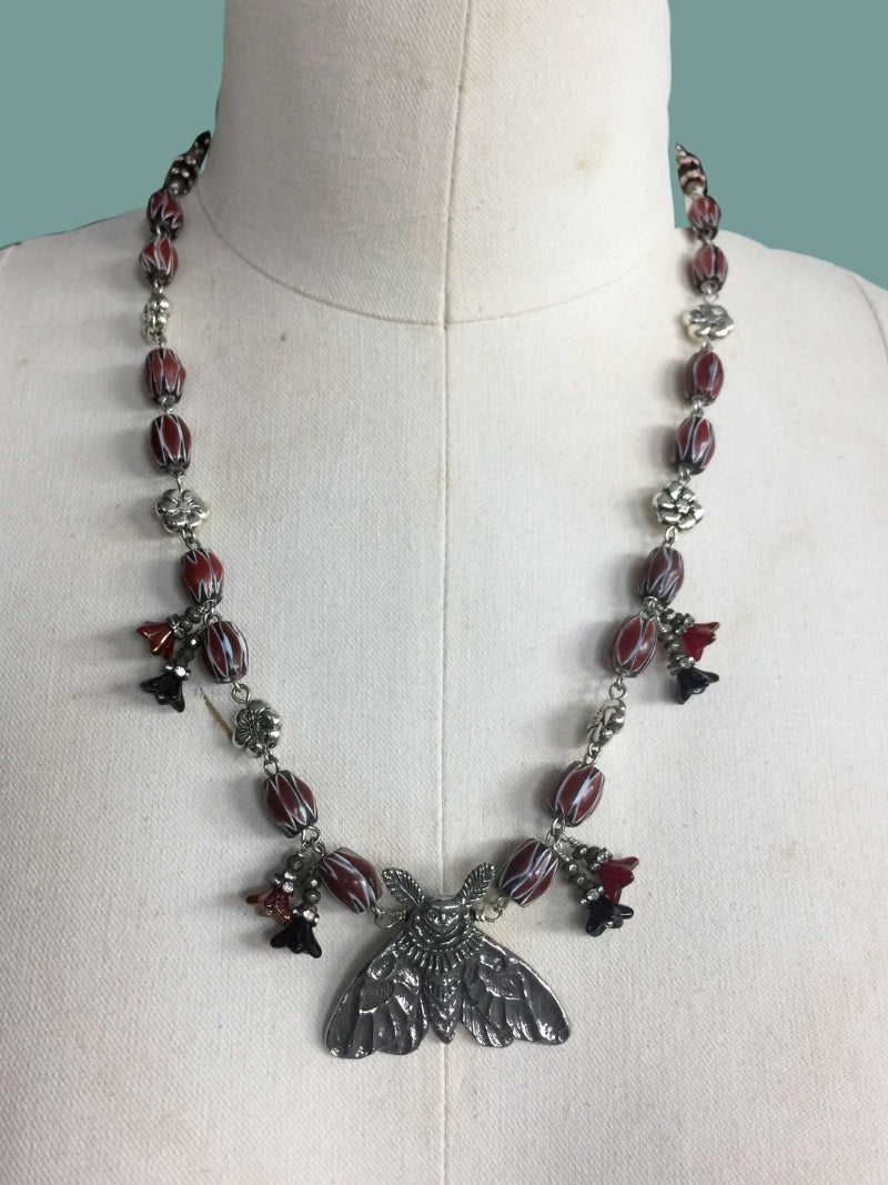 Lady Moth's MIDNIGHT GARDEN Artisan Assemblage Necklace with Glass Beads, Pewter Lady Moth, Iron Pyrite, Crystal Rondelles, Flower beads