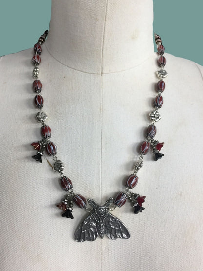 Lady Moth's MIDNIGHT GARDEN Artisan Assemblage Necklace with Glass Beads, Pewter Lady Moth, Iron Pyrite, Crystal Rondelles, Flower beads
