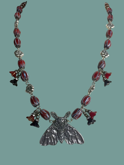 Lady Moth's MIDNIGHT GARDEN Artisan Assemblage Necklace with Glass Beads, Pewter Lady Moth, Iron Pyrite, Crystal Rondelles, Flower beads