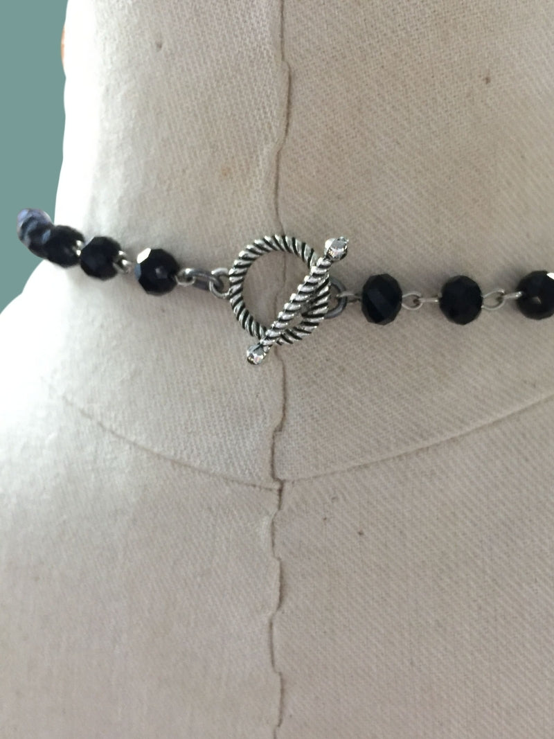 Lady Moth's MIDNIGHT GARDEN Artisan Assemblage Necklace with Glass Beads, Pewter Lady Moth, Iron Pyrite, Crystal Rondelles, Flower beads