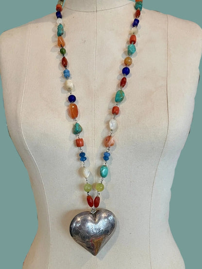 SOUTHWEST GYPSY HEART Necklace Large Styerling Plated Heart, Semi-Precious Stones, Vintage Glass Beads