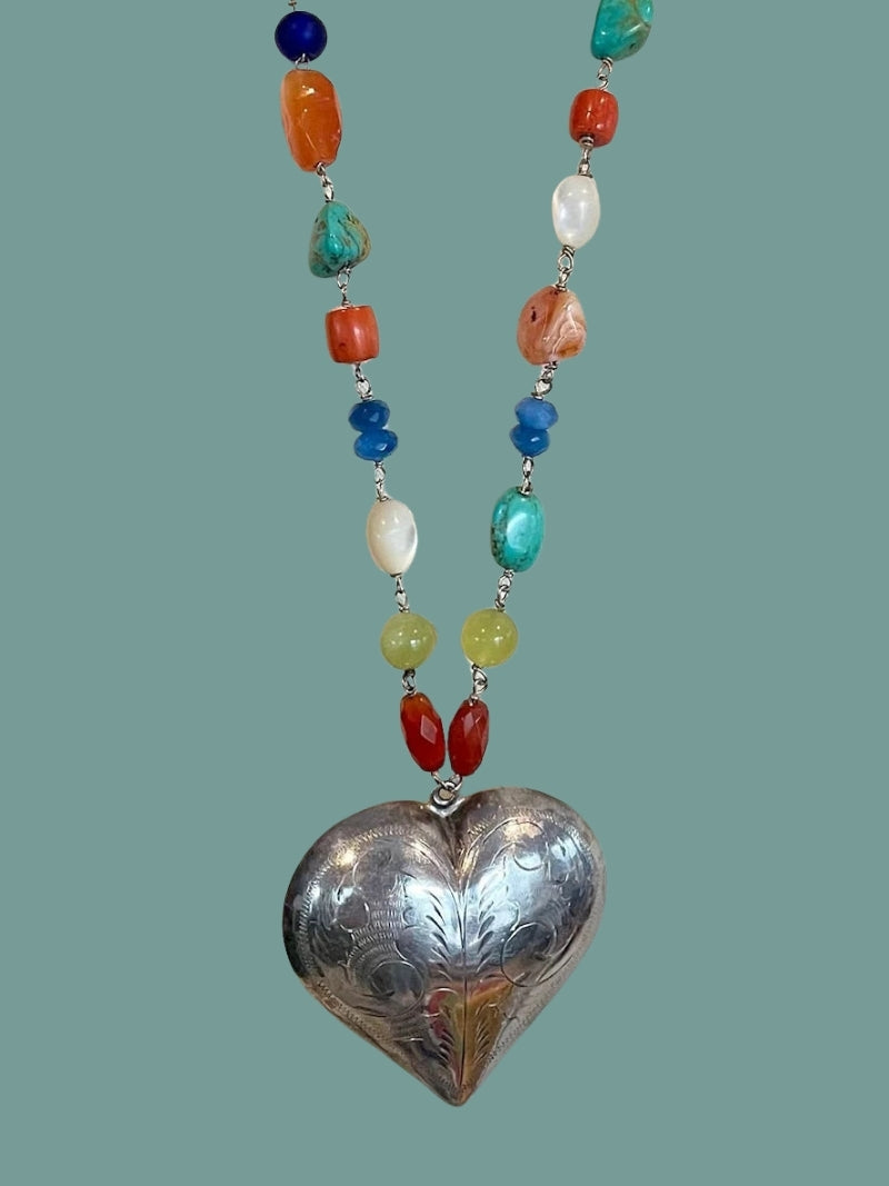 SOUTHWEST GYPSY HEART Necklace Large Styerling Plated Heart, Semi-Precious Stones, Vintage Glass Beads