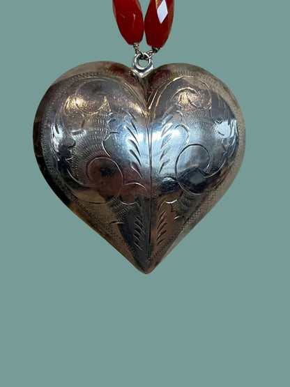 SOUTHWEST GYPSY HEART Necklace Large Styerling Plated Heart, Semi-Precious Stones, Vintage Glass Beads