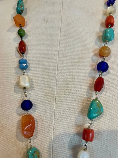 SOUTHWEST GYPSY HEART Necklace Large Styerling Plated Heart, Semi-Precious Stones, Vintage Glass Beads