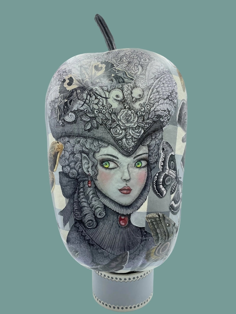 LADY MOTH'S HALLOWEEN Hand-painted Dried Gourd with Decoupaged Assorted Moths, Vampire Vampiress