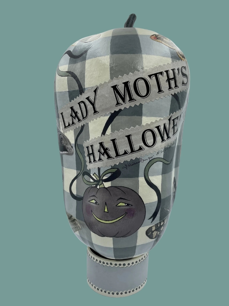LADY MOTH'S HALLOWEEN Hand-painted Dried Gourd with Decoupaged Assorted Moths, Vampire Vampiress