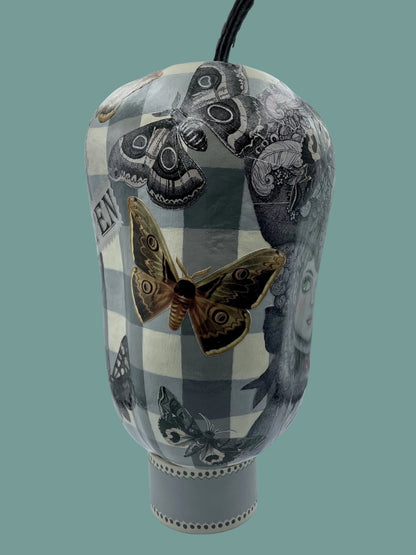 LADY MOTH'S HALLOWEEN Hand-painted Dried Gourd with Decoupaged Assorted Moths, Vampire Vampiress