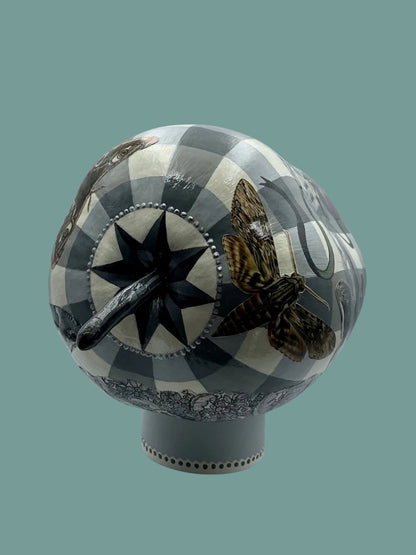 LADY MOTH'S HALLOWEEN Hand-painted Dried Gourd with Decoupaged Assorted Moths, Vampire Vampiress