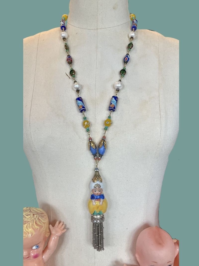 EASTERN FANTASIA OOAK Artisan Necklace, Vintage Glass Beads, Tassel; Freshwater Pearls, Cloissone Beads