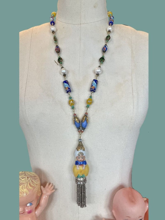 EASTERN FANTASIA OOAK Artisan Necklace, Vintage Glass Beads, Tassel; Freshwater Pearls, Cloissone Beads