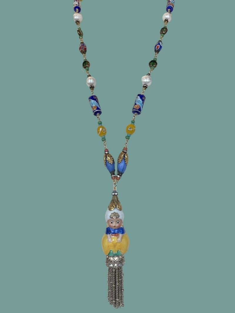 EASTERN FANTASIA OOAK Artisan Necklace, Vintage Glass Beads, Tassel; Freshwater Pearls, Cloissone Beads