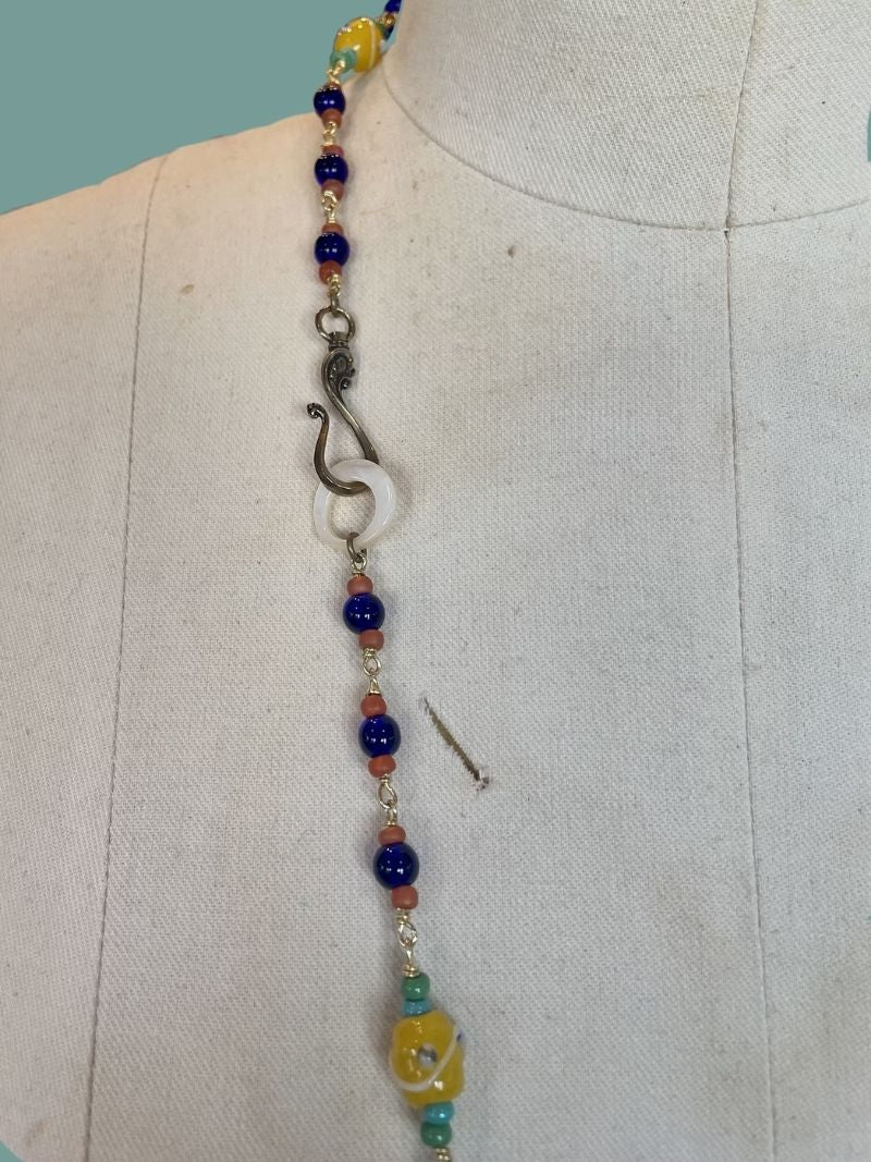 EASTERN FANTASIA OOAK Artisan Necklace, Vintage Glass Beads, Tassel; Freshwater Pearls, Cloissone Beads