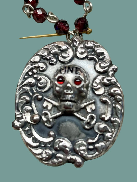 One of A Kind Garnet Necklace with Vintage Sterling SKULL & CROSSED KEYS Pendant