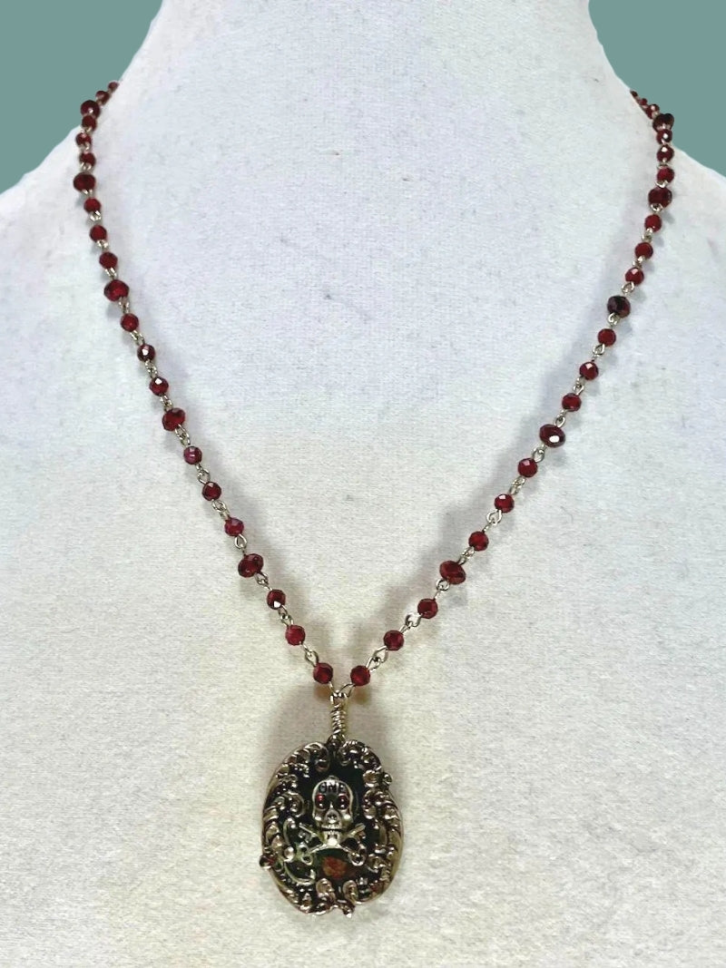 One of A Kind Garnet Necklace with Vintage Sterling SKULL & CROSSED KEYS Pendant