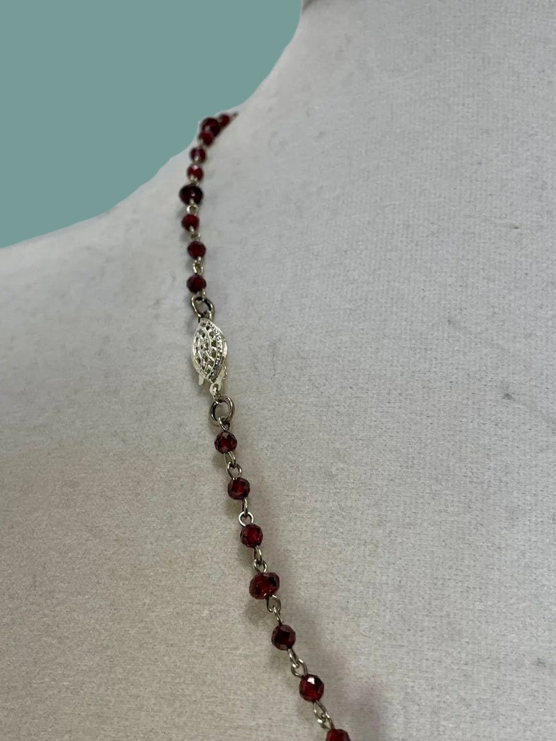 One of A Kind Garnet Necklace with Vintage Sterling SKULL & CROSSED KEYS Pendant