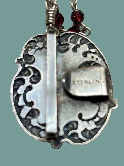 One of A Kind Garnet Necklace with Vintage Sterling SKULL & CROSSED KEYS Pendant