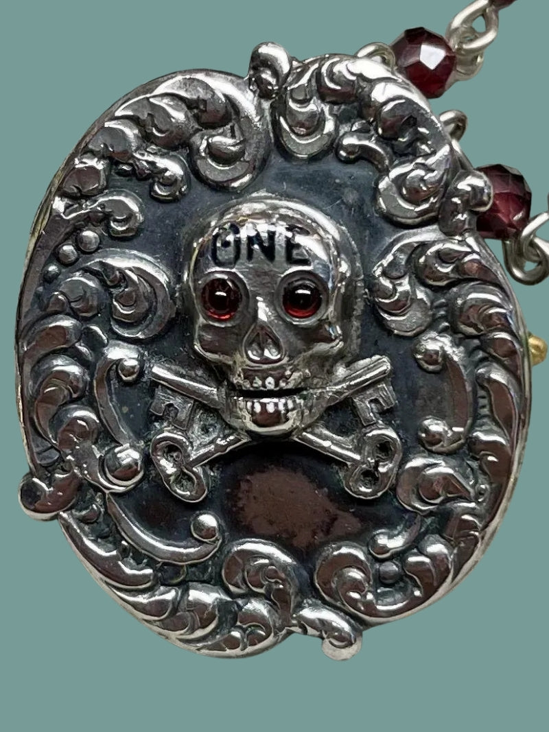One of A Kind Garnet Necklace with Vintage Sterling SKULL & CROSSED KEYS Pendant