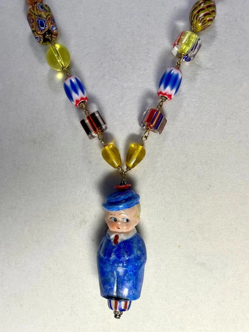 One Of a Kind Artisan Necklace--GOOGLY Eyed BOY In BLUE Vintage Beads