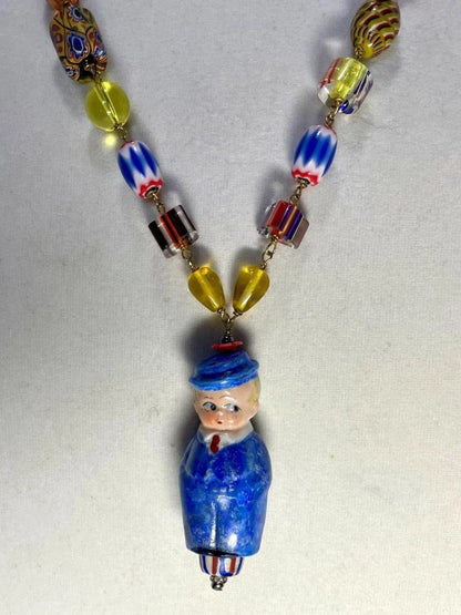 One Of a Kind Artisan Necklace--GOOGLY Eyed BOY In BLUE Vintage Beads