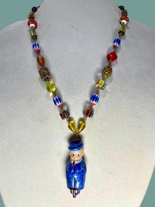 One Of a Kind Artisan Necklace--GOOGLY Eyed BOY In BLUE Vintage Beads