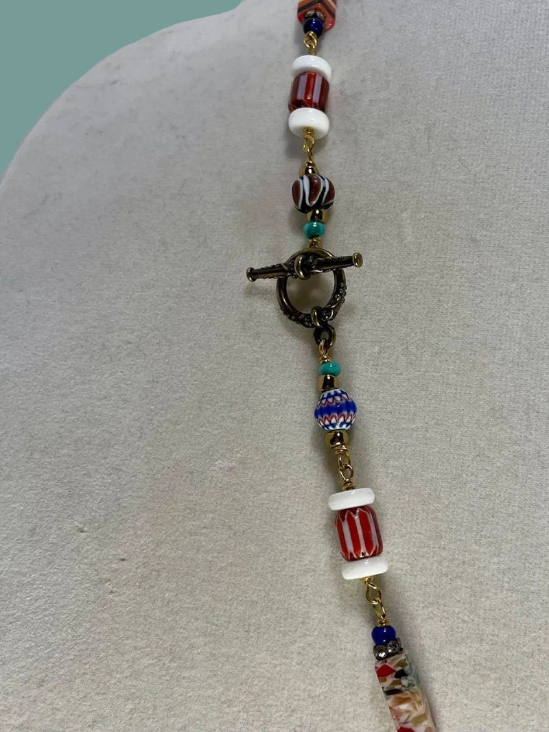 One Of a Kind Artisan Necklace--GOOGLY Eyed BOY In BLUE Vintage Beads