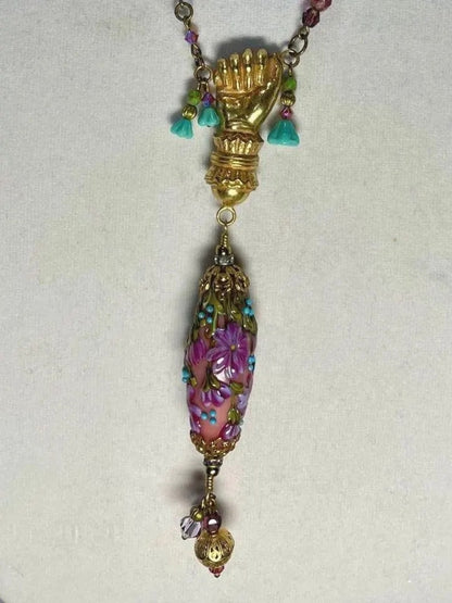 OOAK Artisan Necklace Vintage Miriam Haskell Elements, Faceted Glass Beads with Glass Lampwork Drop