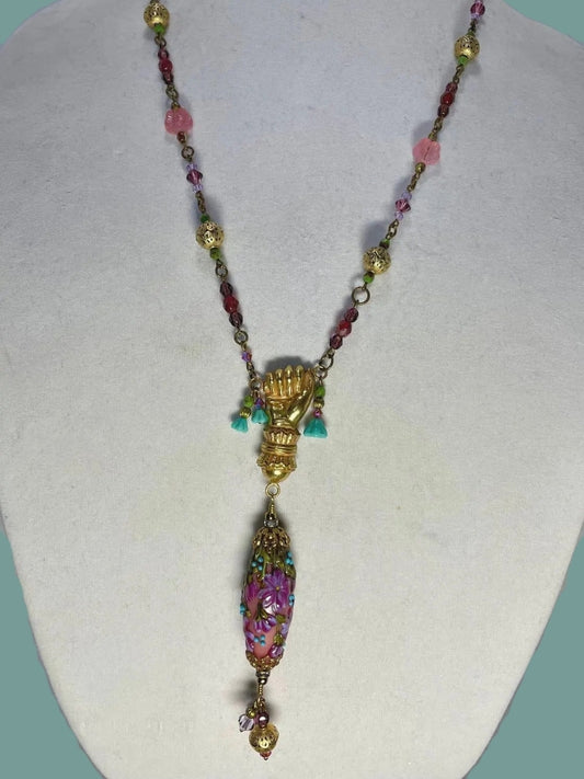 OOAK Artisan Necklace Vintage Miriam Haskell Elements, Faceted Glass Beads with Glass Lampwork Drop