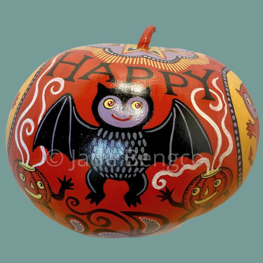 HAPPY HALLOWEEN Painted Dried Gourd OOAK