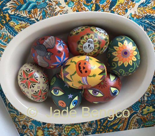 Halloween Themed Dried Egg-Shaped Gourds with Bats, Pumpkins. JOLs, Skulls, Eyes, Flowers