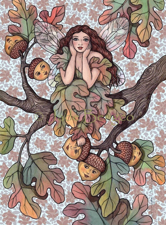 DAYDREAM-fairy sits on tree branch with acorn ladies