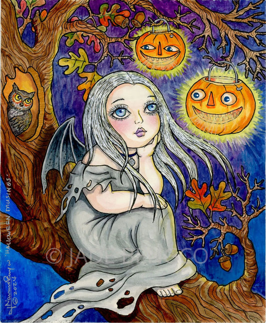 HALLOWEEN FANTASY ART Bat Fairy Jack-O-Lantern Pumpkins Painting